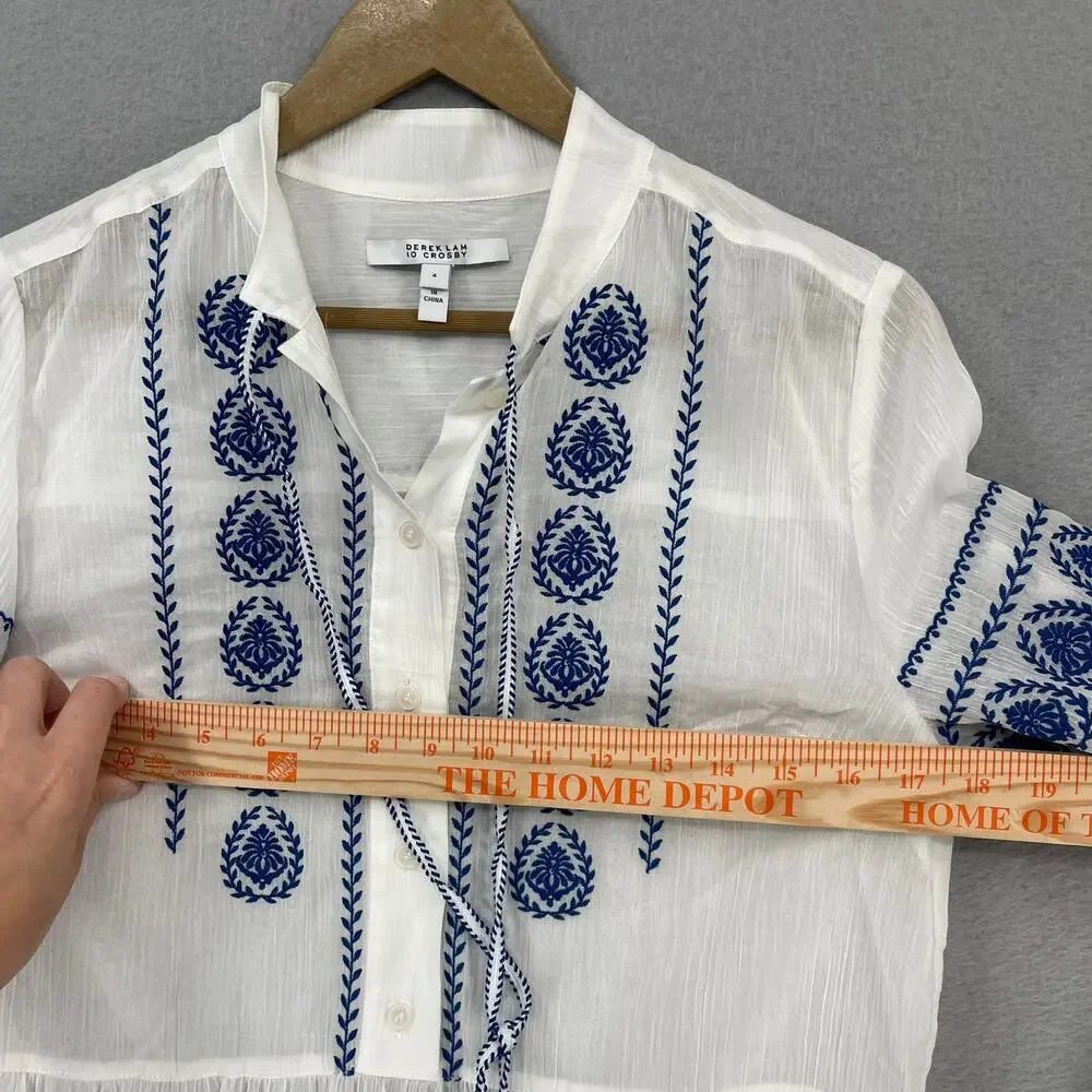 Derek Lam 10 Crosby Blouse Sz 4 White Blue Ailani Embroidered Sheer Coastal Chic - Picture 6 of 9